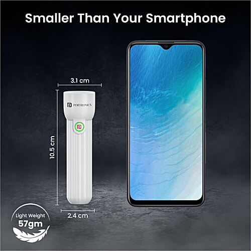 Portronics Eco Glow Mini LED Torch Light - USB Rechargeable Battery, White, 1 pc Compact Size Flashlight, Dual-Brightness Levels, SOS Emergency Light Mode, for Home, Outdoor, Camping, Travel