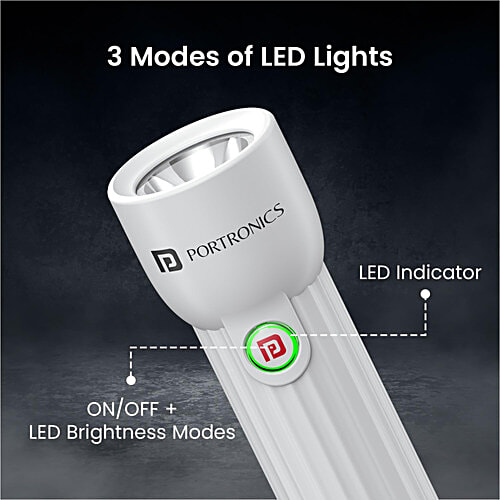 Portronics Eco Glow Mini LED Torch Light - USB Rechargeable Battery, White, 1 pc Compact Size Flashlight, Dual-Brightness Levels, SOS Emergency Light Mode, for Home, Outdoor, Camping, Travel