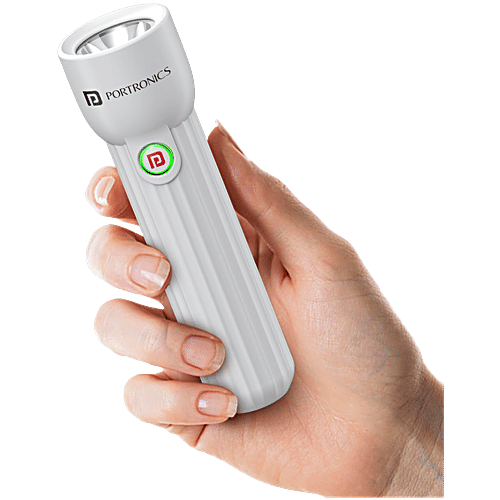 Portronics Eco Glow Mini LED Torch Light - USB Rechargeable Battery, White, 1 pc Compact Size Flashlight, Dual-Brightness Levels, SOS Emergency Light Mode, for Home, Outdoor, Camping, Travel
