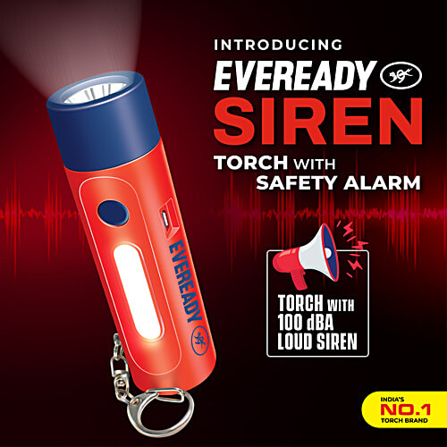 Eveready Siren DL102 Rechargeable Torch, 1 pc With 100 Decibels, 1W Torch, 1W Sidelight, Flasher, Keychain, USB Type B Fast Charging
