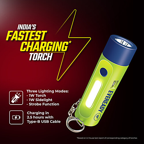 Eveready Siren DL102 Rechargeable Torch, 1 pc With 100 Decibels, 1W Torch, 1W Sidelight, Flasher, Keychain, USB Type B Fast Charging