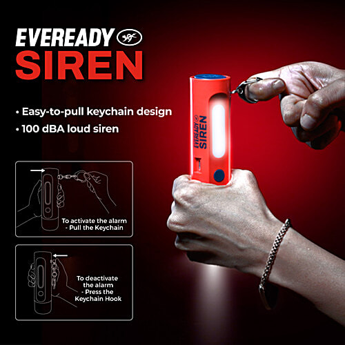 Eveready Siren DL102 Rechargeable Torch, 1 pc With 100 Decibels, 1W Torch, 1W Sidelight, Flasher, Keychain, USB Type B Fast Charging