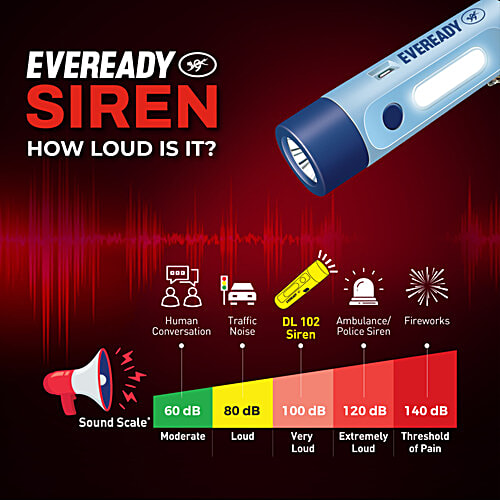 Eveready Siren DL102 Rechargeable Torch, 1 pc With 100 Decibels, 1W Torch, 1W Sidelight, Flasher, Keychain, USB Type B Fast Charging