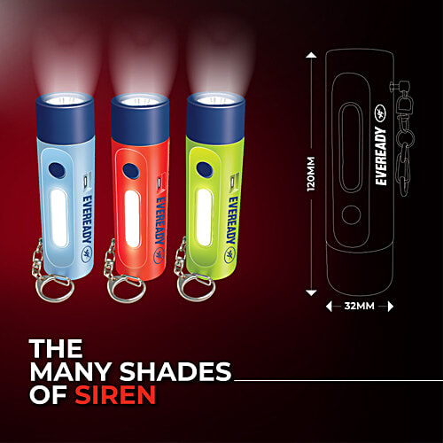 Eveready Siren DL102 Rechargeable Torch, 1 pc With 100 Decibels, 1W Torch, 1W Sidelight, Flasher, Keychain, USB Type B Fast Charging