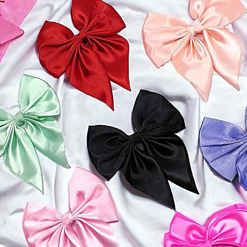 Pearlfiesta Combo Satin Hair Ribbon Bow Clip For Women & Girls - Cute & Big Design, 9 pcs  
