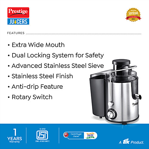 Prestige PCJ 7.0 Centrifugal Stainless Steel Juicer, 1 pc  Pulp Collector, Dual Lock System, Anti- Drip