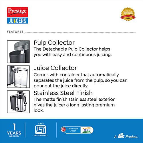 Prestige PCJ 7.0 Centrifugal Stainless Steel Juicer, 1 pc  Pulp Collector, Dual Lock System, Anti- Drip