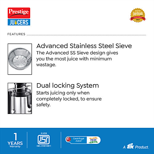 Prestige PCJ 7.0 Centrifugal Stainless Steel Juicer, 1 pc  Pulp Collector, Dual Lock System, Anti- Drip