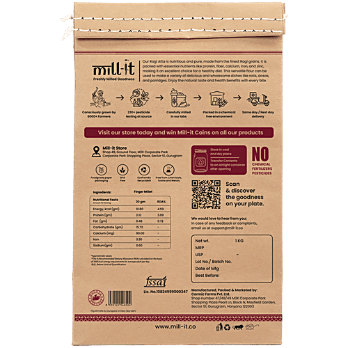 Mill-it Superfood Finger Millet Flour/Ragi Atta, 1 kg High in Protein, Low GI, Rich in Calcium, Assist Diabetes Control, Supports Bone Health