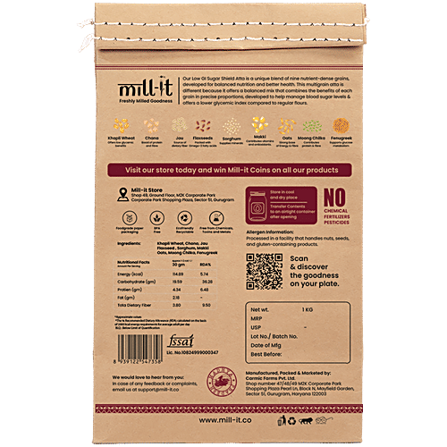 Mill-it Fresh Chakki Sugar Shield Atta - Nine Grains, 1 kg Rich in Protein, GI Less Than 50, High in Fibre, Supports Blood Sugar Control, Aids Digestive Health