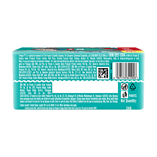 Pampers Happy Sleep Pant Style Baby Diapers - XL, 12-17 Kg, 34 pcs 1 Diaper For 1 Night Sleep, with Anti Rash Shield, Up to 12 hours Absorption, Safe for Babies