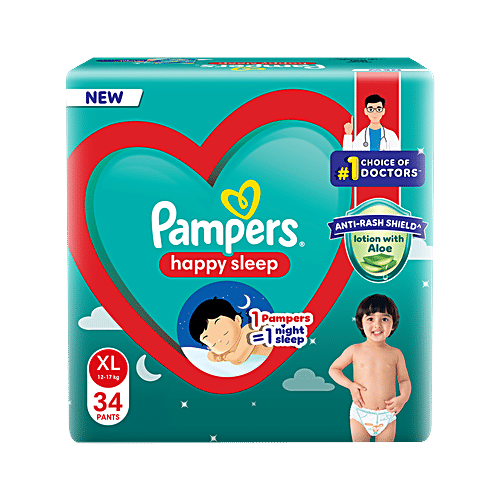 Pampers Happy Sleep Pant Style Baby Diapers - XL, 12-17 Kg, 34 pcs 1 Diaper For 1 Night Sleep, with Anti Rash Shield, Up to 12 hours Absorption, Safe for Babies