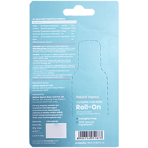 Mother Sparsh Natural Vapour Complete Cold Relief Roll On - Suitable For 3+ Months, 15 ml With Thymol Crystal, Eucalyptus Oil & Peppermint Oil