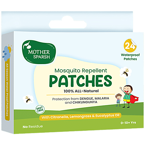 Mother Sparsh Mosquito Repellent Waterproof Patches – 0 To 10+ Years, No Residue, 24 pcs (2 N x 12 pcs) With Citronella Lemongrass Eucalyptus Oil Deet Free