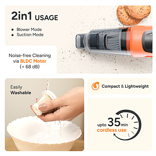 Ambrane 12kPA 80W Wireless Hand Vacuum & Air Blower - MiniVac 02, Orange & Black, 1 Unit  Powerful Suction, With BLDC Motor, HEPA Filter