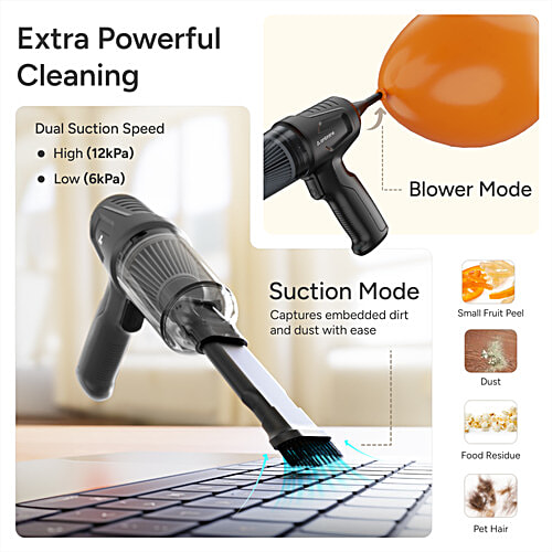 Ambrane 12kPA 80W Wireless Hand Vacuum & Air Blower - MiniVac 02, Orange & Black, 1 Unit  Powerful Suction, With BLDC Motor, HEPA Filter