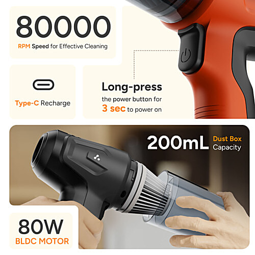 Ambrane 12kPA 80W Wireless Hand Vacuum & Air Blower - MiniVac 02, Orange & Black, 1 Unit  Powerful Suction, With BLDC Motor, HEPA Filter