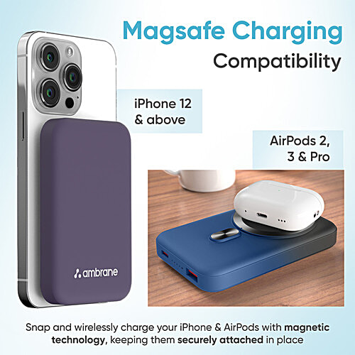 Ambrane 10000 mAh MagSafe Wireless Fast Charging Power Bank - Aerosync Snap, Blue, 1 Unit  