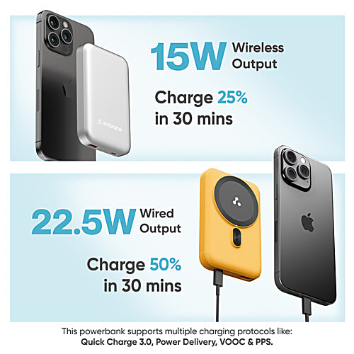 Ambrane 10000 mAh MagSafe Wireless Fast Charging Power Bank - Aerosync Snap, Blue, 1 Unit  