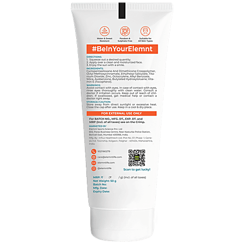 Elemnt Sports Science White Zinc Sunscreen360 - SPF 50 PA+++, For Cricketers, 50 g Water & Sweat Resistant, Lasts up to 3 Hours, Paraben & Sulphate Free