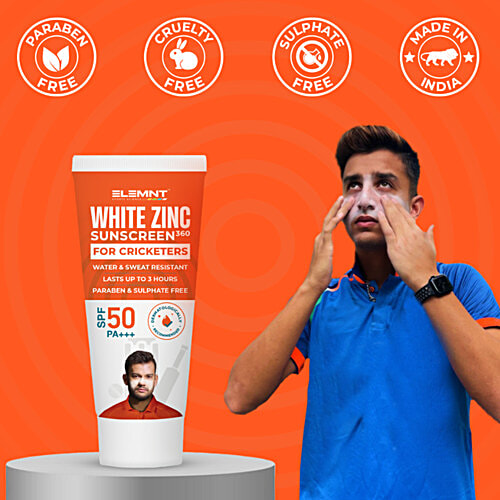 Elemnt Sports Science White Zinc Sunscreen360 - SPF 50 PA+++, For Cricketers, 50 g Water & Sweat Resistant, Lasts up to 3 Hours, Paraben & Sulphate Free