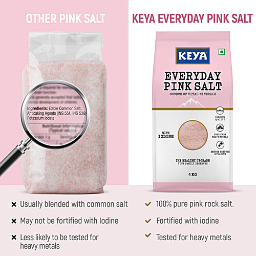 Keya Everyday Pink Salt, 1 Kg  With Iodine, Premium Quality, Free From Heavy Metals, Better Texture & Flavour