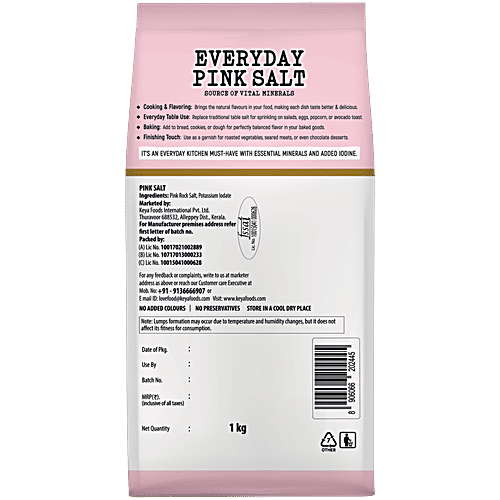 Keya Everyday Pink Salt, 1 Kg  With Iodine, Premium Quality, Free From Heavy Metals, Better Texture & Flavour
