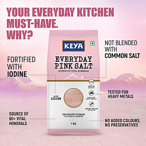 Keya Everyday Pink Salt, 1 Kg  With Iodine, Premium Quality, Free From Heavy Metals, Better Texture & Flavour
