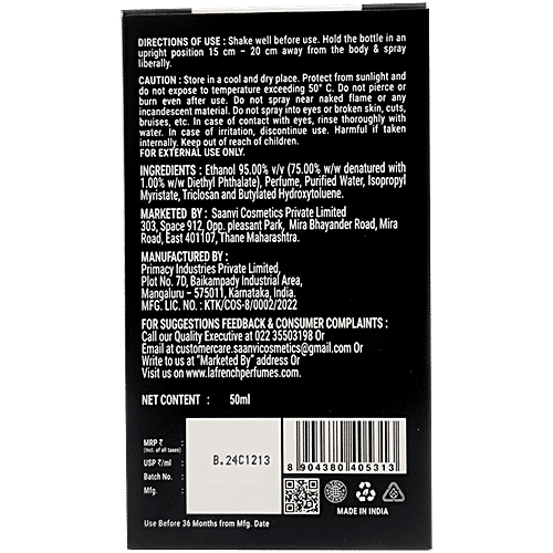 La'French Black Eau De Parfum Perfume Spray, 50 ml