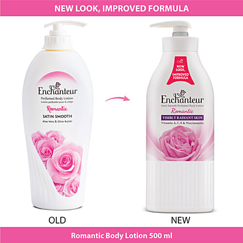 Enchanteur Romantic Satin Smooth Perfumed Body Lotion, 500 ml  Visibly Radiant Skin, Vitamin A/C/E & Niacinamide