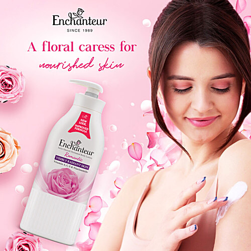 Enchanteur Romantic Satin Smooth Perfumed Body Lotion, 500 ml  Visibly Radiant Skin, Vitamin A/C/E & Niacinamide