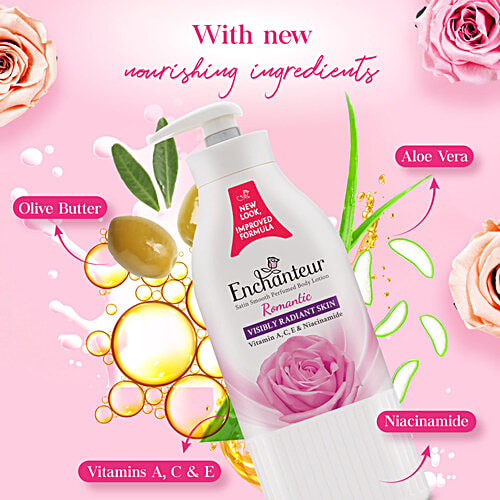 Enchanteur Romantic Satin Smooth Perfumed Body Lotion, 500 ml  Visibly Radiant Skin, Vitamin A/C/E & Niacinamide