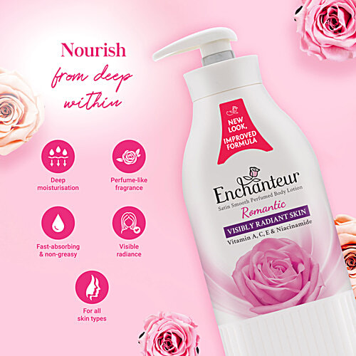 Enchanteur Romantic Satin Smooth Perfumed Body Lotion, 500 ml  Visibly Radiant Skin, Vitamin A/C/E & Niacinamide
