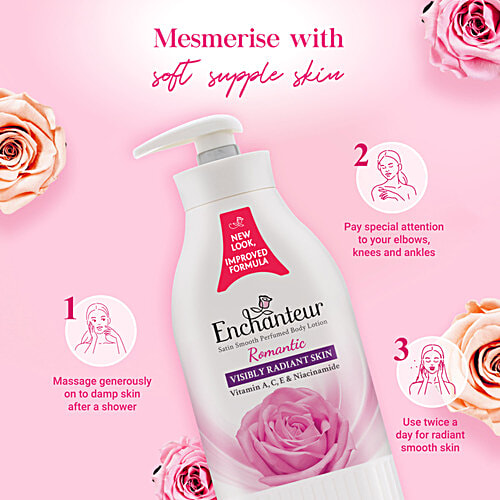 Enchanteur Romantic Satin Smooth Perfumed Body Lotion, 500 ml  Visibly Radiant Skin, Vitamin A/C/E & Niacinamide