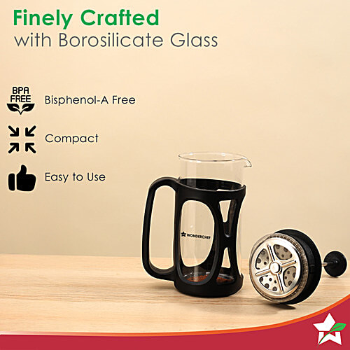 Wonderchef French Press Coffee Maker & Milk Frother Gift Combo, 2 pcs  Brew in 3 Mins, Heat Resistant Borosilicate Glass Carafe, Battery-Operated Frother