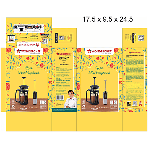 Wonderchef French Press Coffee Maker & Milk Frother Gift Combo, 2 pcs  Brew in 3 Mins, Heat Resistant Borosilicate Glass Carafe, Battery-Operated Frother