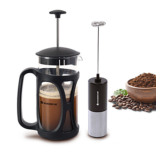 Wonderchef French Press Coffee Maker & Milk Frother Gift Combo, 2 pcs  Brew in 3 Mins, Heat Resistant Borosilicate Glass Carafe, Battery-Operated Frother
