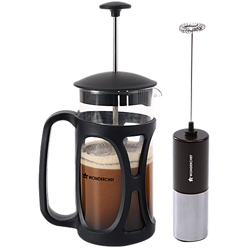 Wonderchef French Press Coffee Maker & Milk Frother Gift Combo, 2 pcs  Brew in 3 Mins, Heat Resistant Borosilicate Glass Carafe, Battery-Operated Frother
