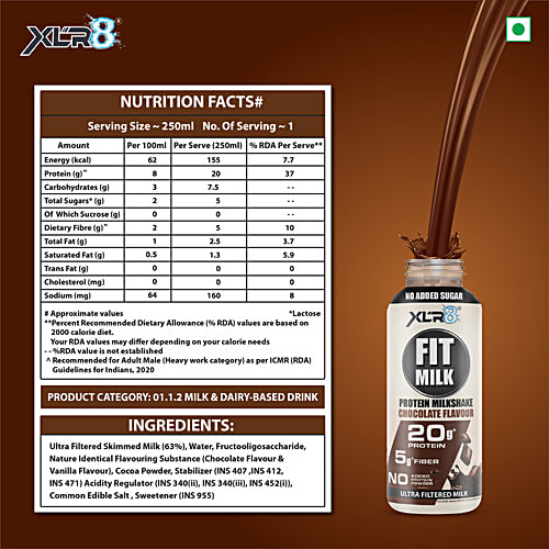 XLR8 FitMilk Chocolate Flavour Protein Milkshake, 250 ml  Ultra Filtered Milk, No Added Protein Powder, 20 g Protein