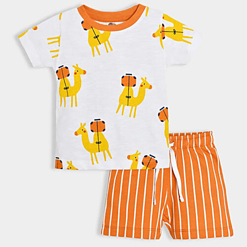 Miarcus Kids White & Orange 100% Cotton Half Sleeves Camel Print T-Shirt & Striper Shorts, 1 Set (4-5 Years) 