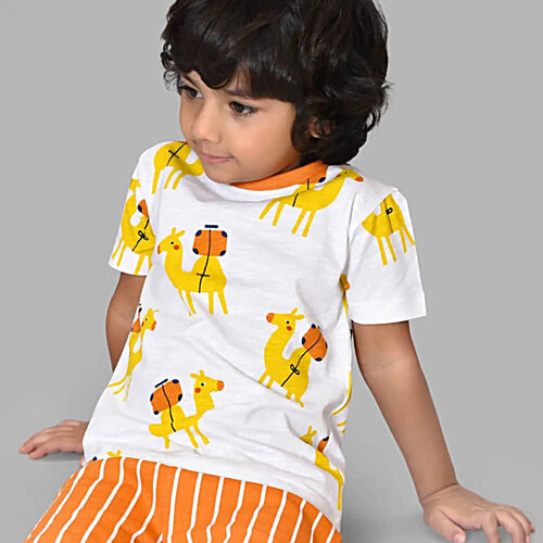 Miarcus Kids White & Orange 100% Cotton Half Sleeves Camel Print T-Shirt & Striper Shorts, 1 Set (4-5 Years) 