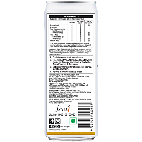 Vida Zero Calorie Yuzu Sparkling Flavoured Drink, 325 ml