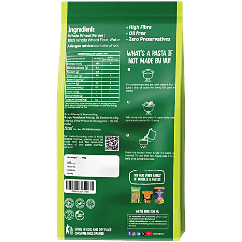 Yu Whole Wheat Penne Rigate/Pasta, 500 g Zero Oil, High Fibre