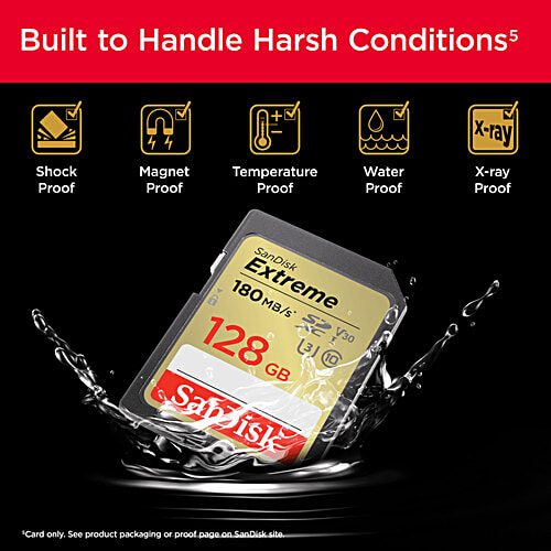 Sandisk Extreme UHS-I 128GB SD Card – 180 MB/s Read, 90 MB/s Write, For 4K, DSLR & Mirrorless Cameras, 1 pc SDSDXVA-128G-GNCIN
