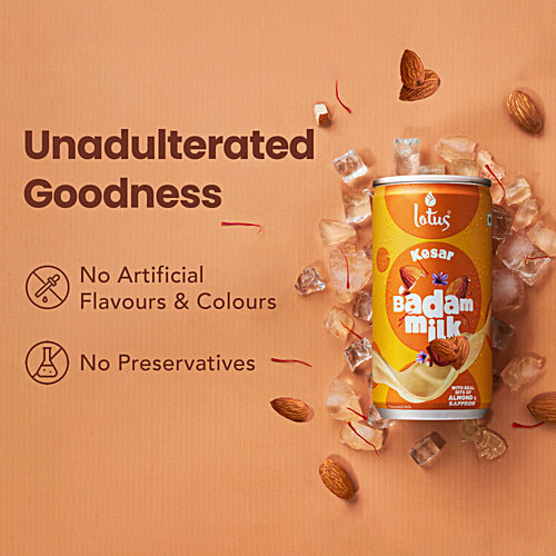 Lotus Dairy Kesar Badam Milk, 180 ml Can With Real bits of Almond & Saffron