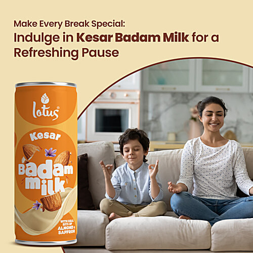 Lotus Dairy Kesar Badam Milk, 180 ml Can With Real bits of Almond & Saffron