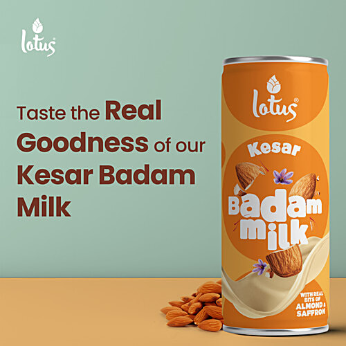 Lotus Dairy Kesar Badam Milk, 180 ml Can With Real bits of Almond & Saffron