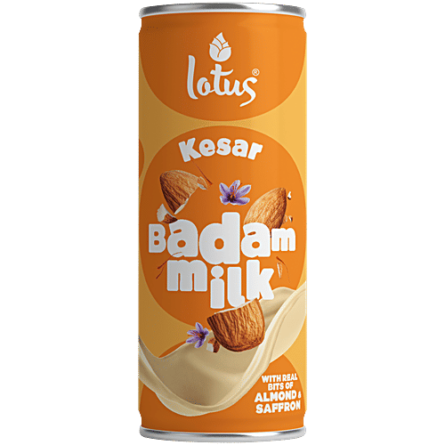 Lotus Dairy Kesar Badam Milk, 180 ml Can With Real bits of Almond & Saffron