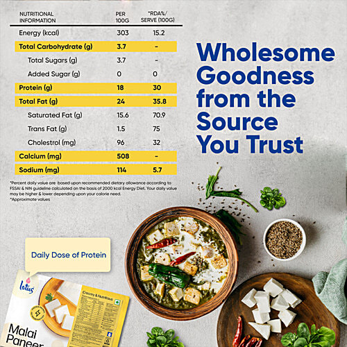 Lotus Dairy Malai Paneer, 200 g Protein packed, No preservatives