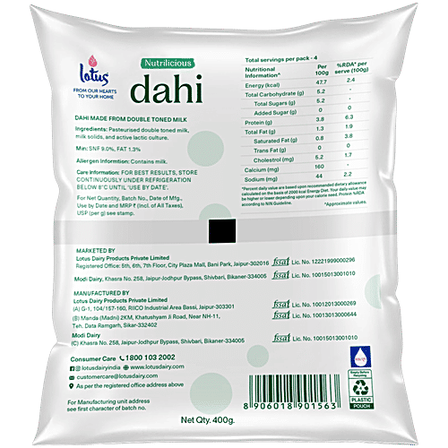 Lotus Dairy Nutrilicious Dahi, 400 g Pouch